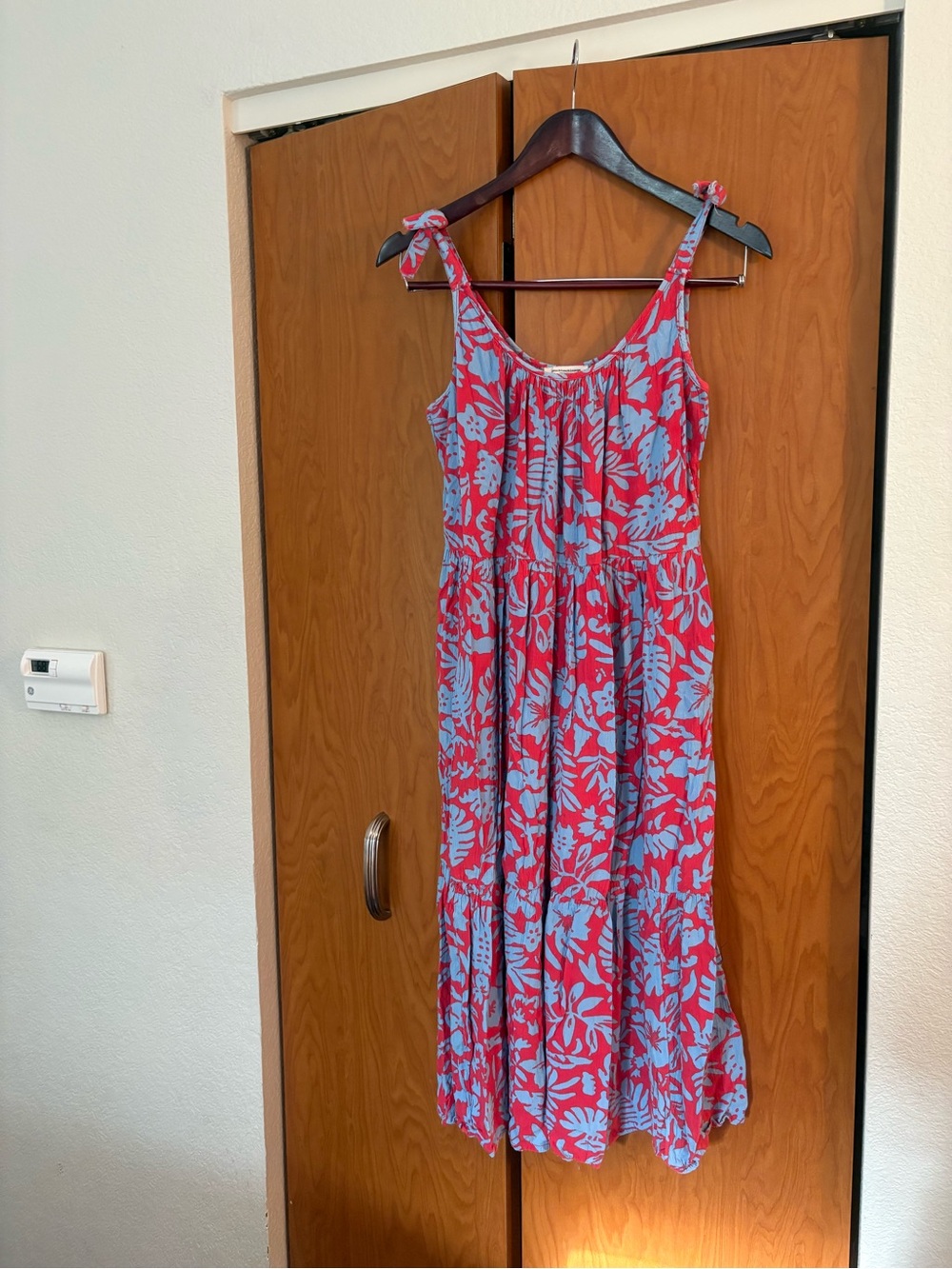 BeachLunchLounge Tropical Print Midi Dress XL Pink Blue Tie Strap Rayon